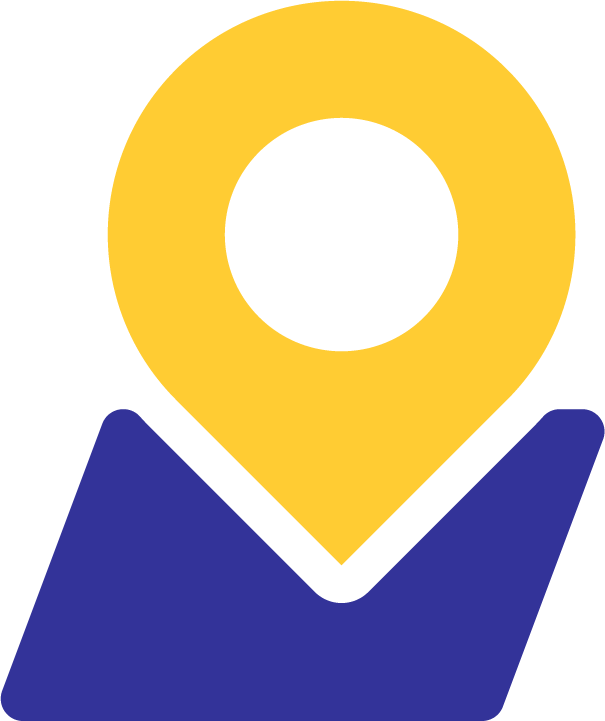 Yellow map location pin icon on blue base.