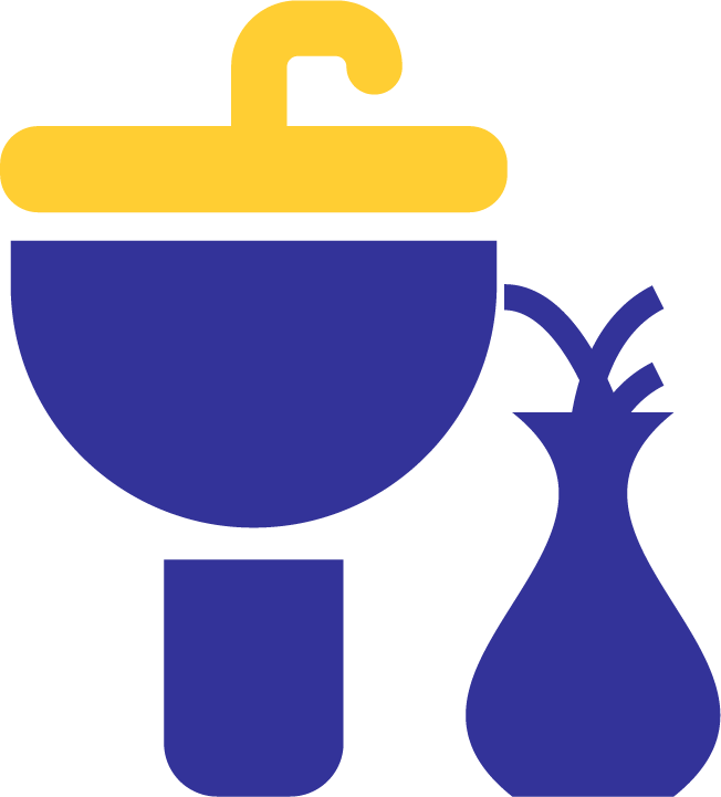 Stylized sink and vase icon in blue and yellow.